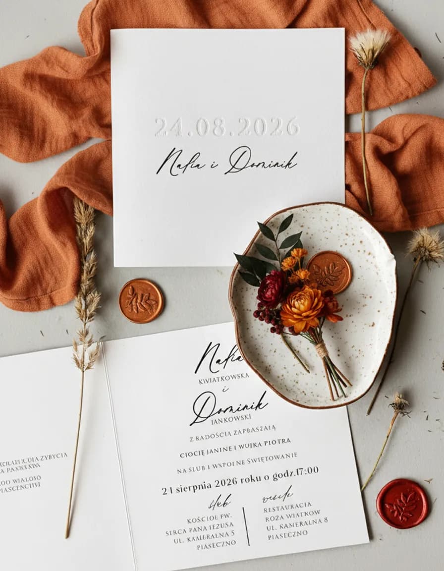 Hochzeitseinladungen Amuso Nr. 2 mit Datum-Prägung Minimalistische Hochzeitseinladungen mit personalisiertem Druck und Prägung in rustikaler Anordnung.