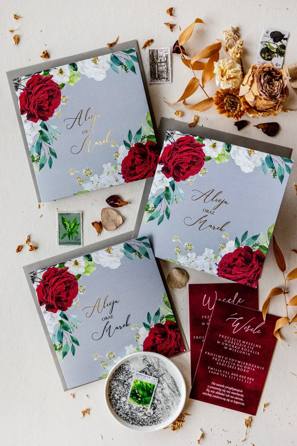 Glamour Hochzeitseinladungen mit roter Rose – Kollektion Szafirowe Nr. 10