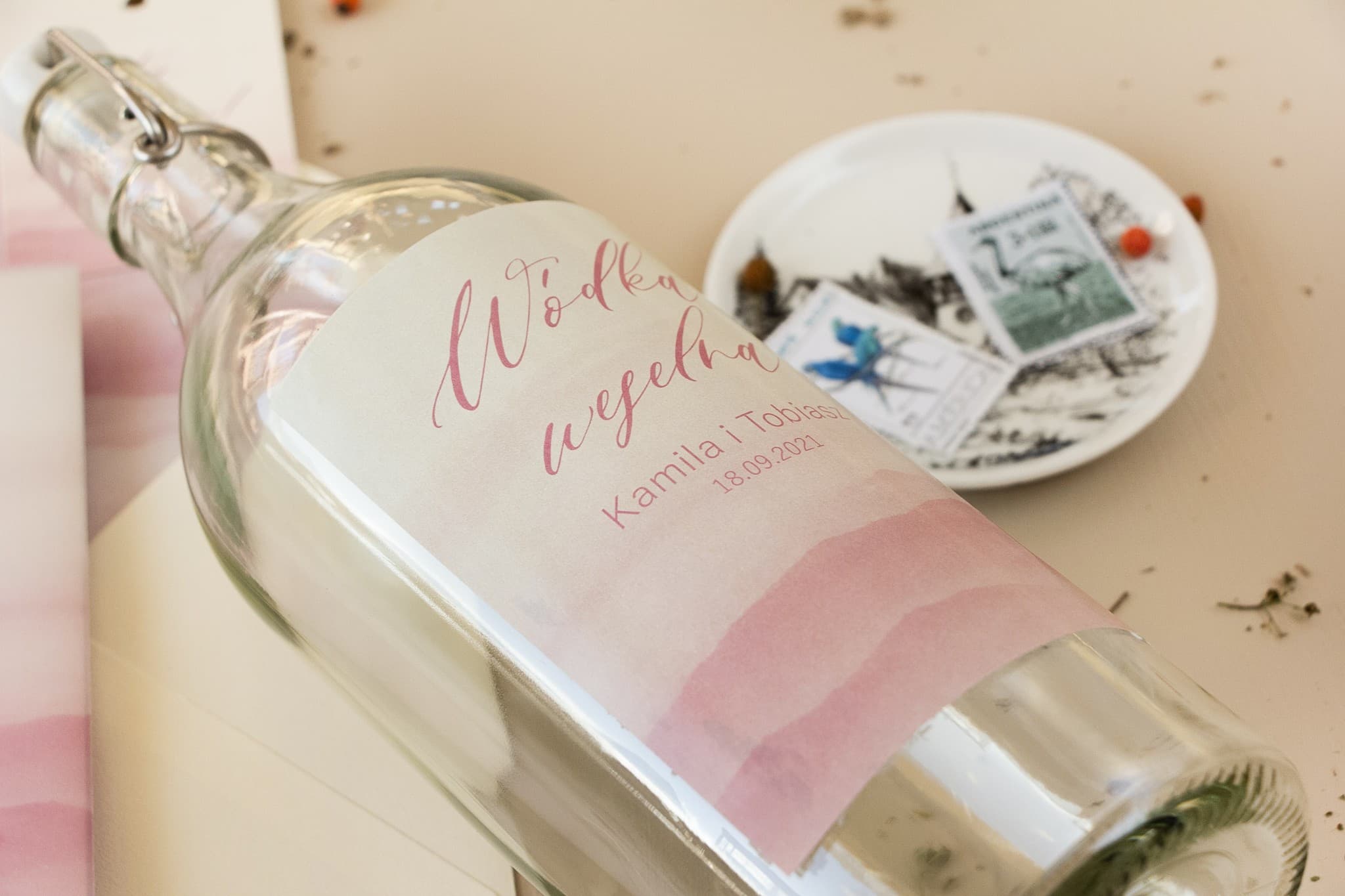 Rosa Etiketten für Alkohol Aquarell | Personalisierte Aufkleber für Hochzeitswodka | Opal Nr. 5