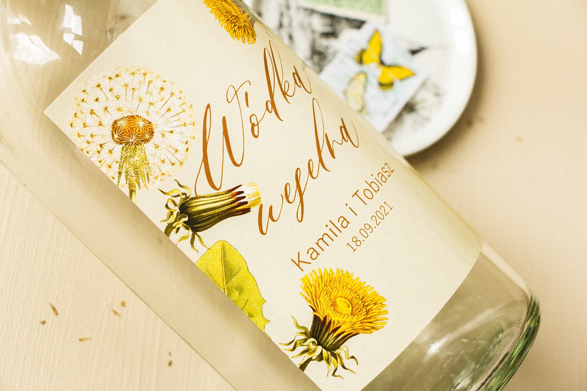 Etiketten für Hochzeitswodka mit Pusteblume | Personalisierte Alkoholaufkleber | Opal Nr. 6