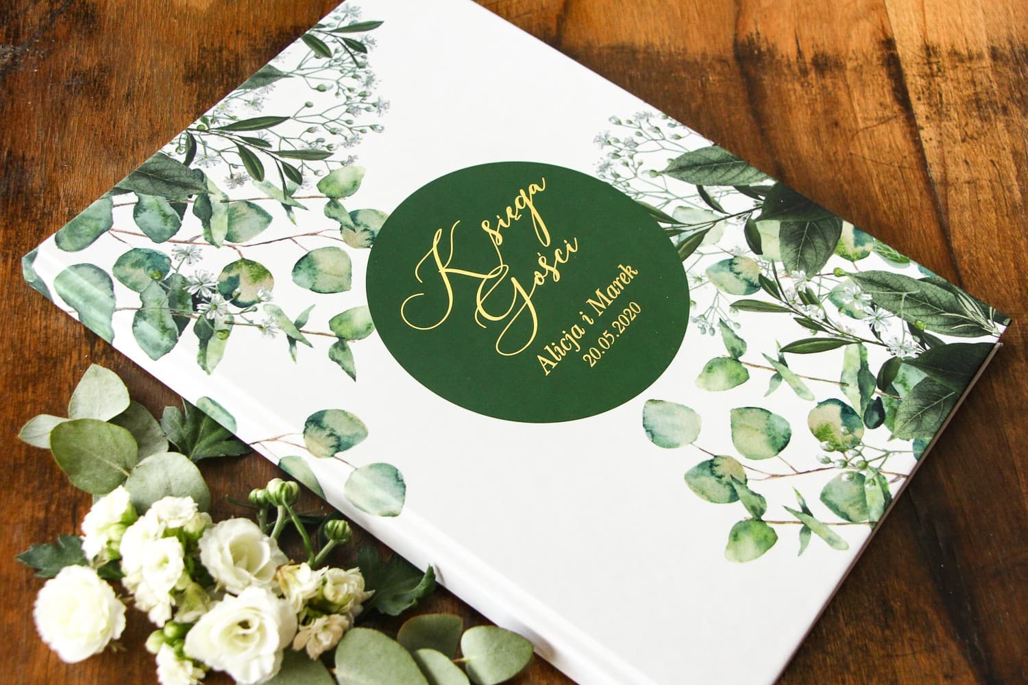 Vergoldetes Gästebuch Eukalyptus & Schleierkraut | Personalisiertes Hochzeitsgästebuch A4 | Soreli Nr. 5