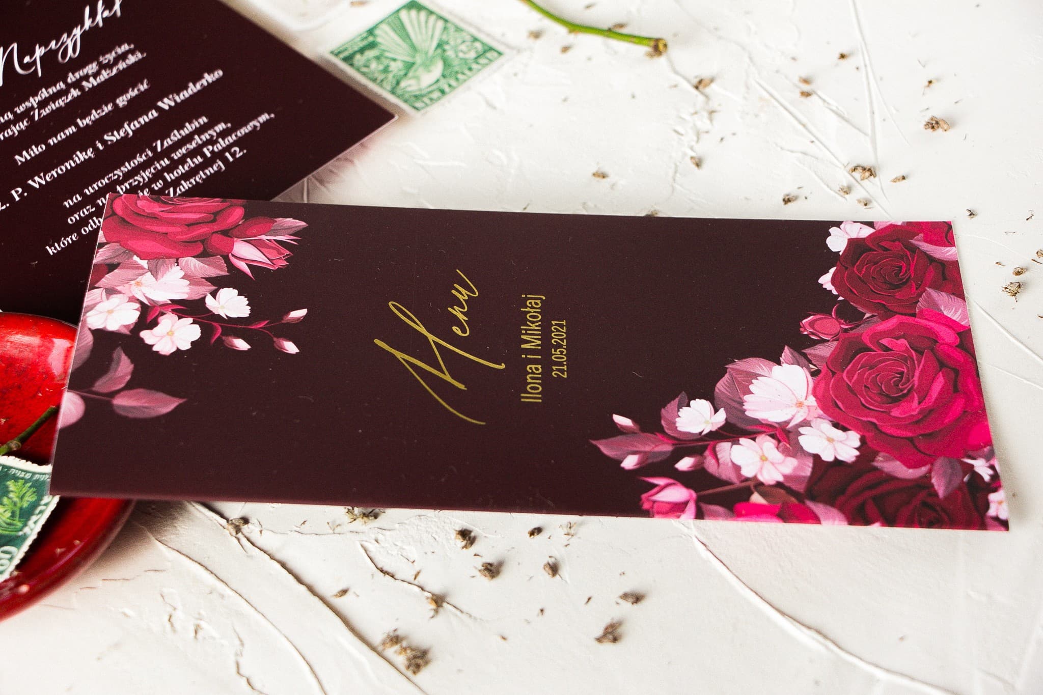 Menuekarte Hochzeit Gold-Burgunder | Menu mit Blumenmotiv in Burgund | Serenity Nr. 2