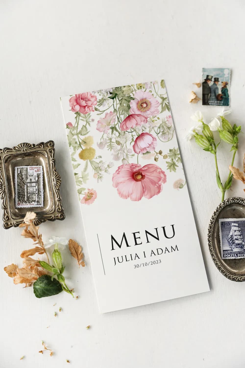 Elegante Menükarten Hochzeit Klappkarte mit Blumen | Impresja Nr. 1