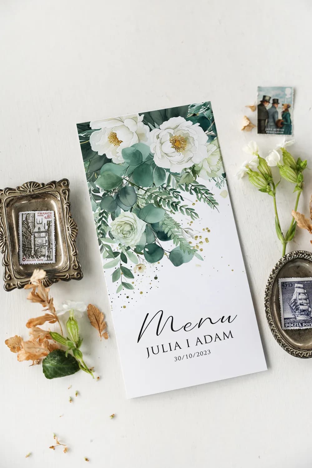 Hochzeitsmenü Eukalyptus, Menükarte für den Tisch | Elegantes Menü Botanischer Stil | Kollektion Impresja Nr. 9