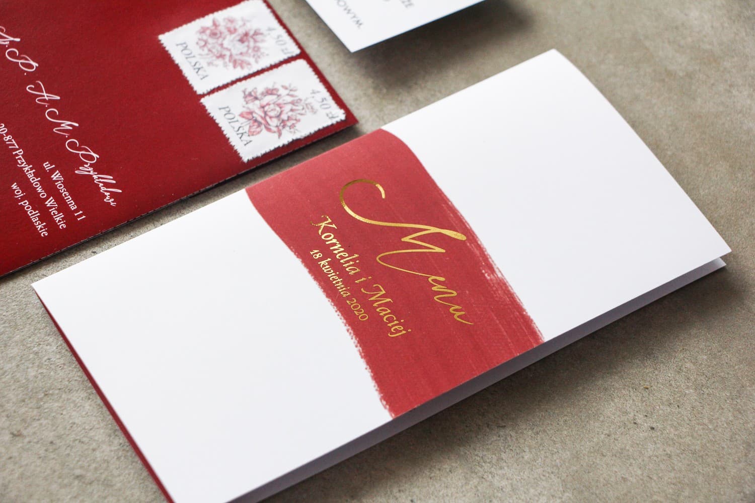 Elegantes Hochzeitsmenü Weinrot Gold Veredelt Aquarell | Menükarte für den Tisch | Verte Nr. 1