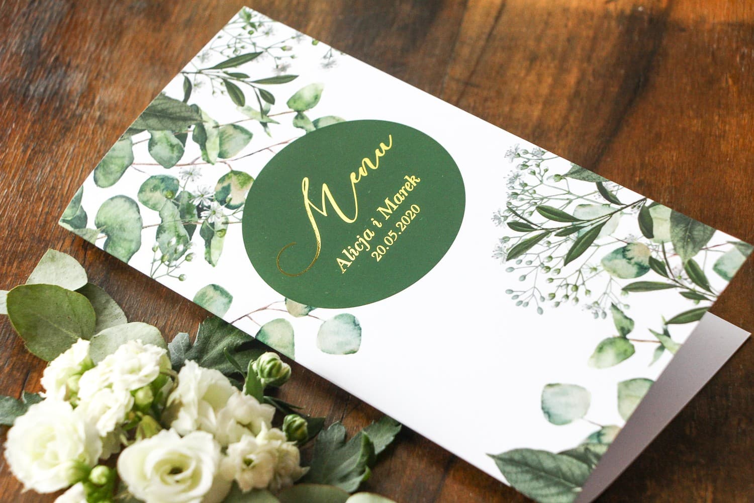 Vergoldetes Hochzeitsmenu mit Eukalyptus | Speisekarte Glamour & Greenery | Soreli Nr. 5