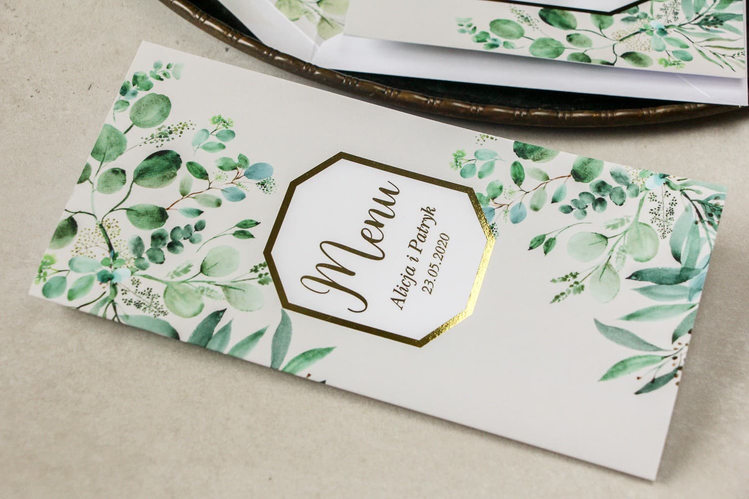 Elegantes Hochzeitsmenü Goldprägung Eukalyptus | Klappbare Menükarte | Lotus Nr. 3