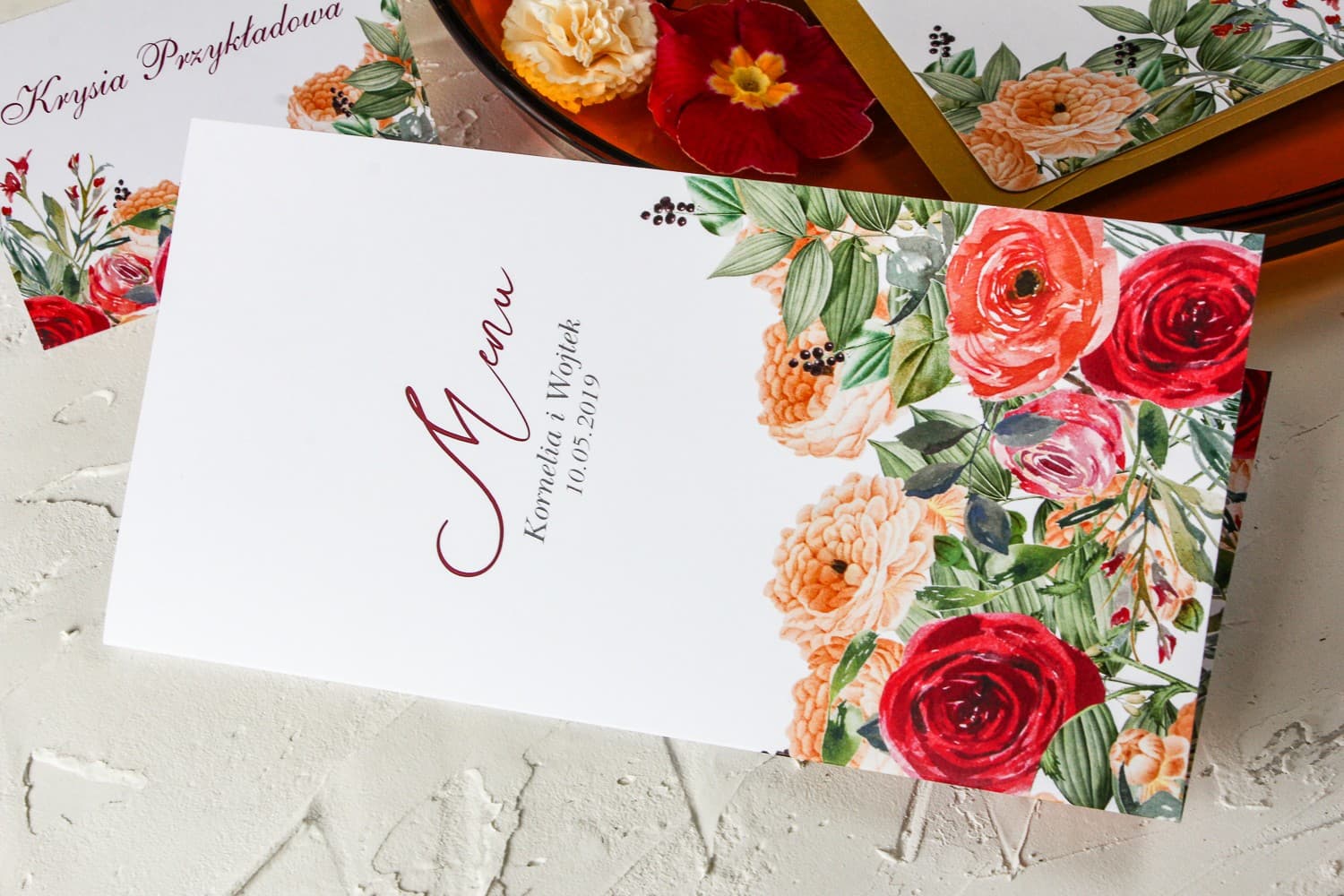 Elegante Hochzeitsmenükarten mit amarant-orangen Rosen | Klappkarten | Wenis Nr. 2