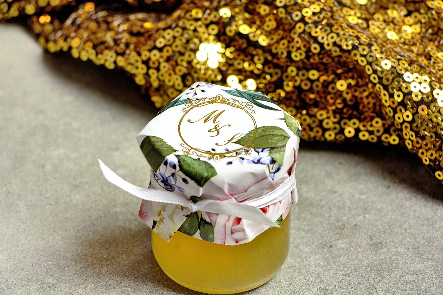Foiled Wedding Honey Jars Sorento No. 1 – Sweet Favours with Rose Motif