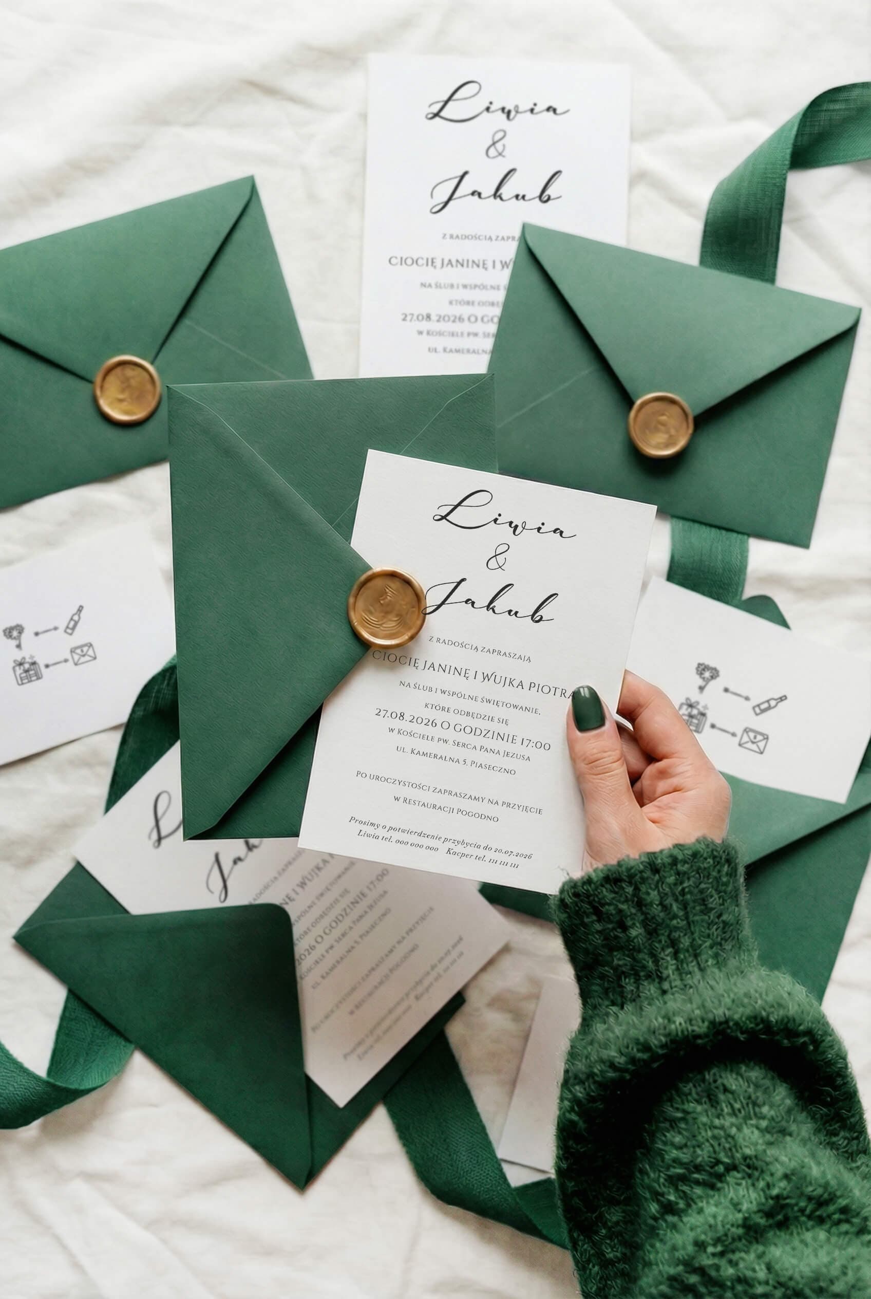 Zaproszenia ślubne butelkowa zieleń – Lauren nr 5 Invitaciones de boda minimalistas Lauren nº 5 verde botella y sello de lacre dorado Amelia Wedding