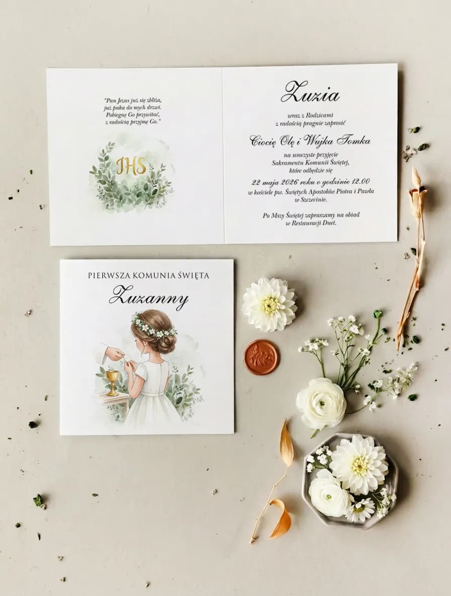 Invitaciones de comunión para niña con ilustración de la recepción de la Eucaristía