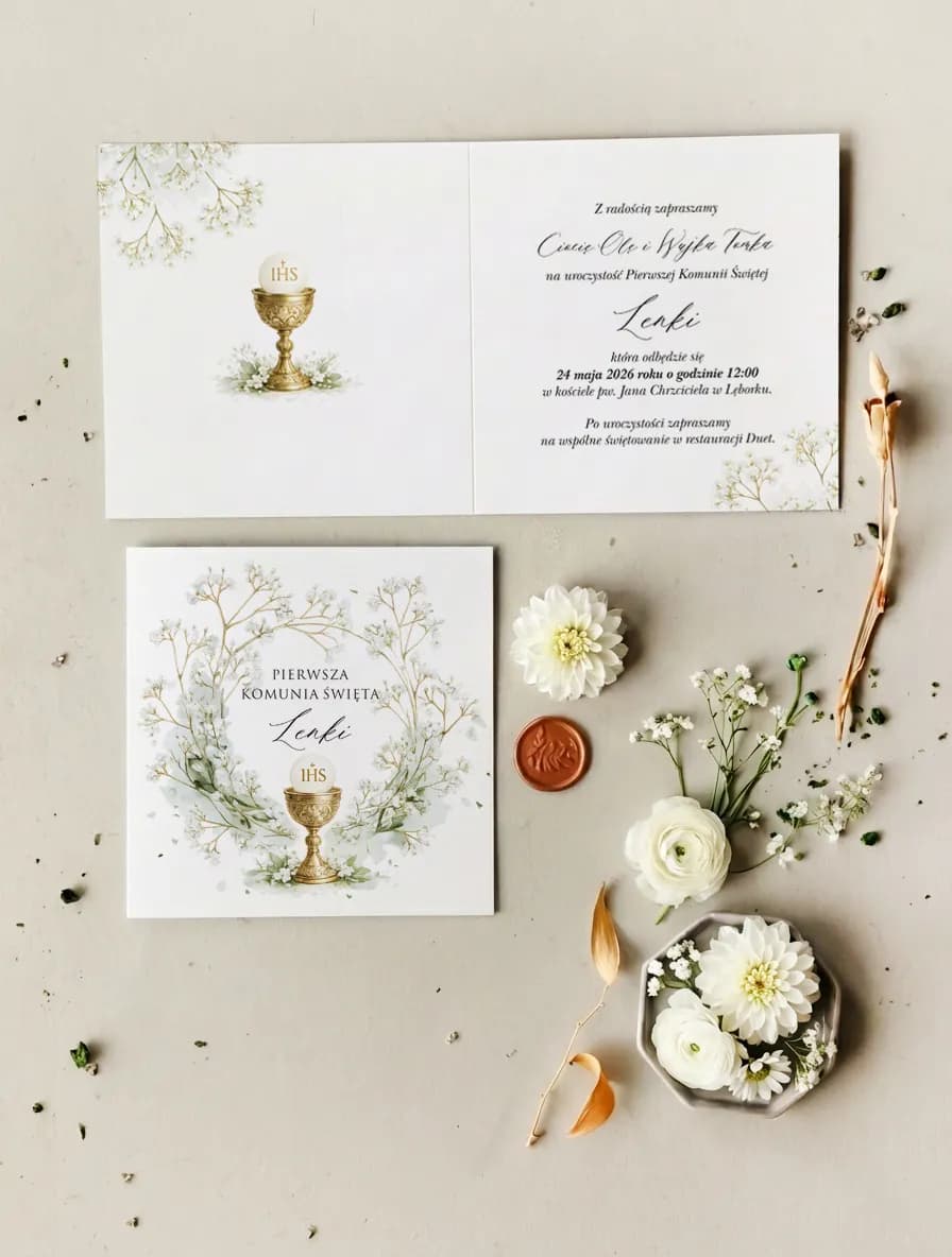 Invitaciones para la Primera Comunión con cáliz IHS y delicado verdor, colección Matylda nº 1