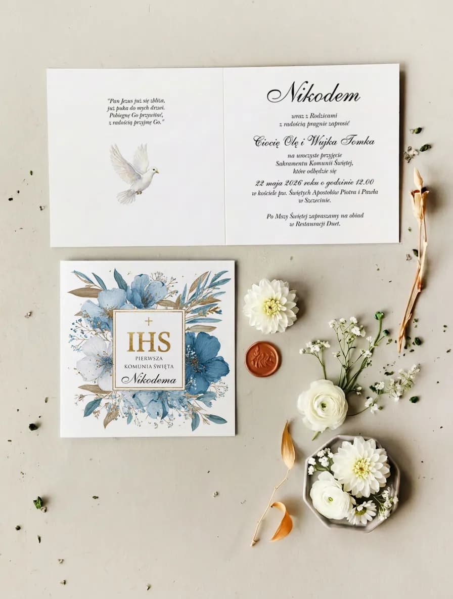 Invitaciones de comunión con motivo IHS y flores azules