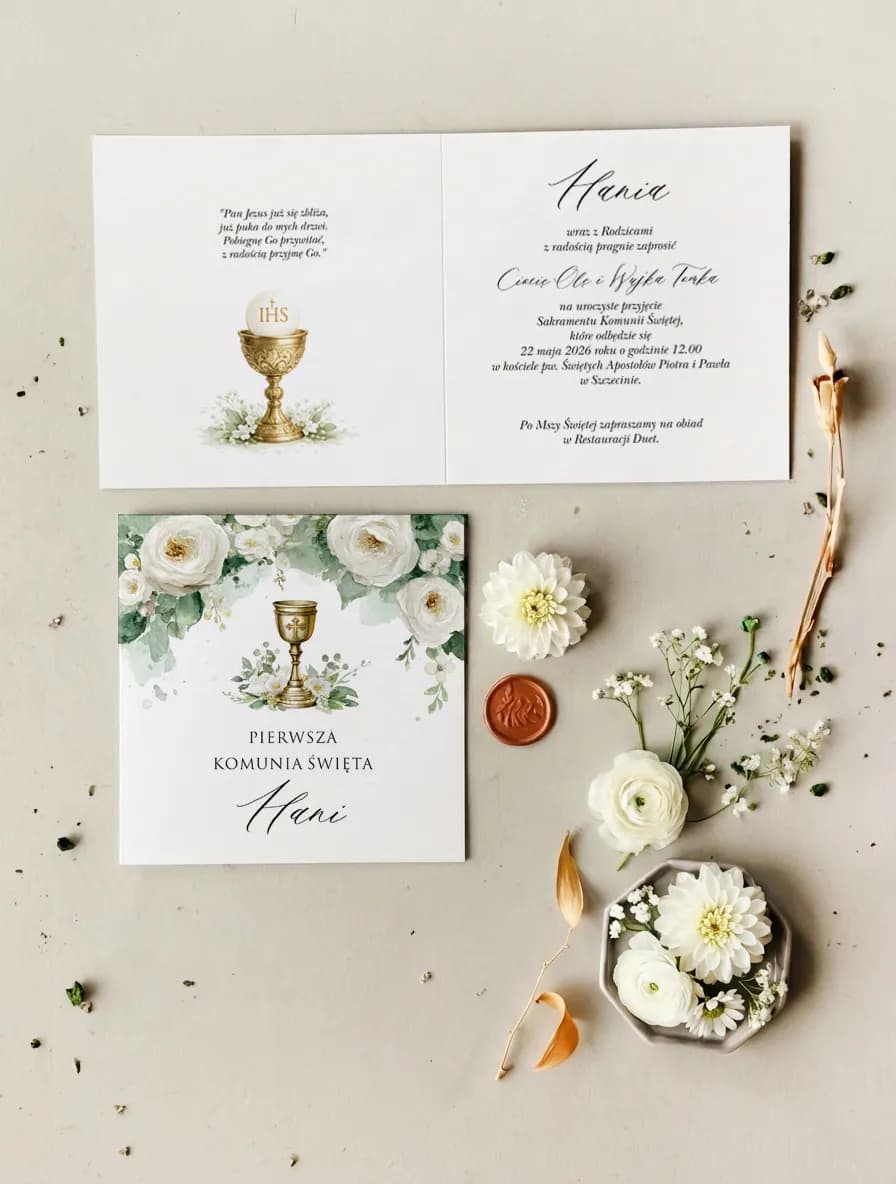 Invitación para la Primera Comunión con rosas blancas, verde y cáliz en la portada