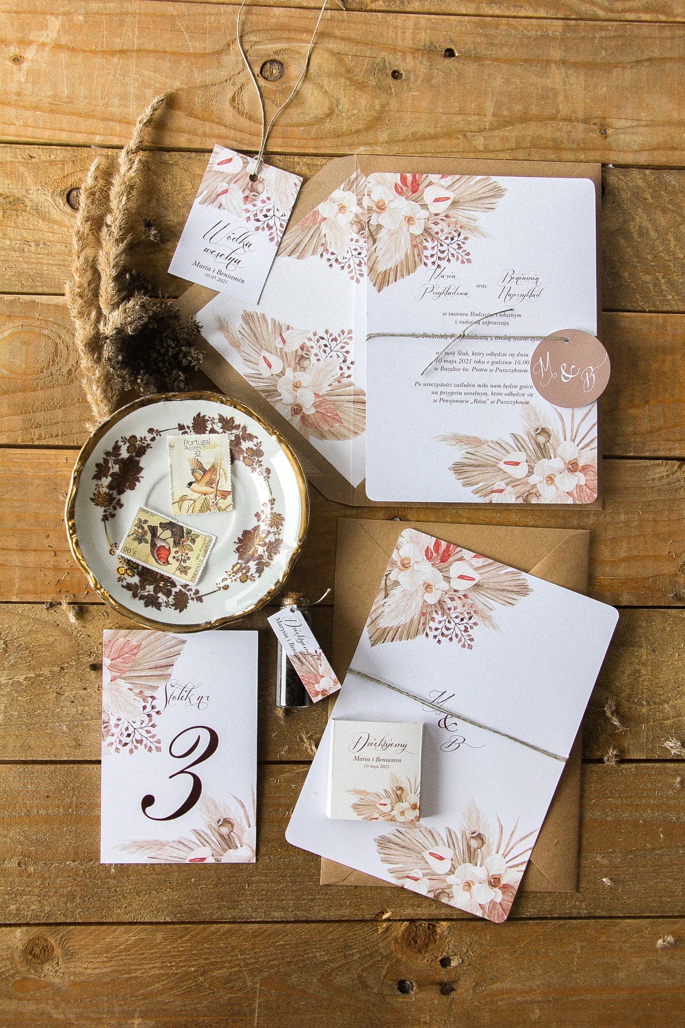 Invitaciones de boda boho con hierba pampas natural y sobre eco – Indygo nº 6