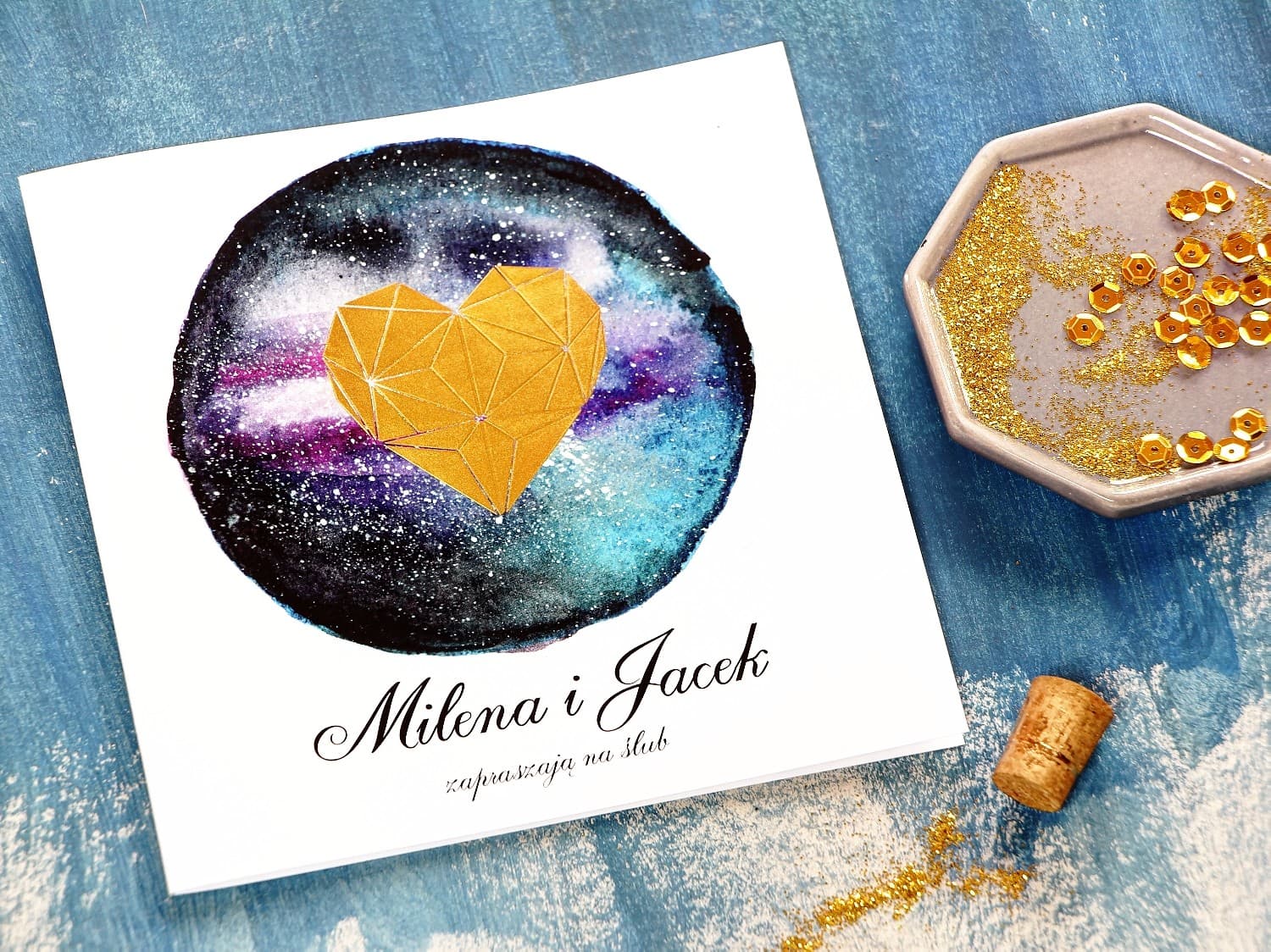 Invitaciones de boda glamour con corazón geométrico dorado – Noche de Luna nº 3