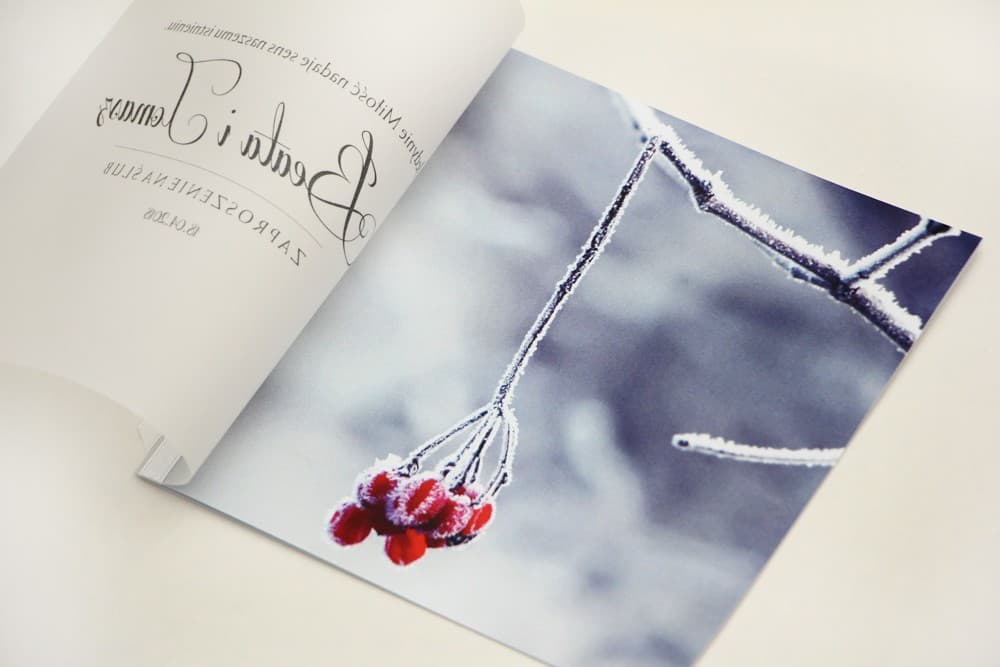 Zaproszenie ślubne z kalką i nadrukiem tekstu Invitación de boda elegante con papel vegetal y motivo de serbal de invierno