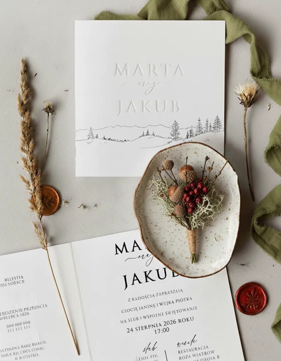 Zaproszenia z tłoczeniem i grafiką gór Amuso nr 5 Invitación de boda minimalista con diseño en relieve y dibujo de montañas sobre papel ecológico.