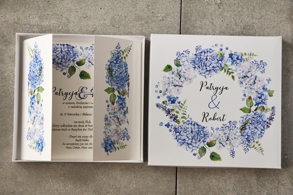 Invitaciones en Caja Pistacho nº 1 – Hortensia Azul