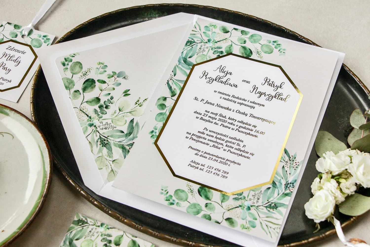 Invitaciones de boda doradas con motivo de eucalipto – Lotus n.º 3