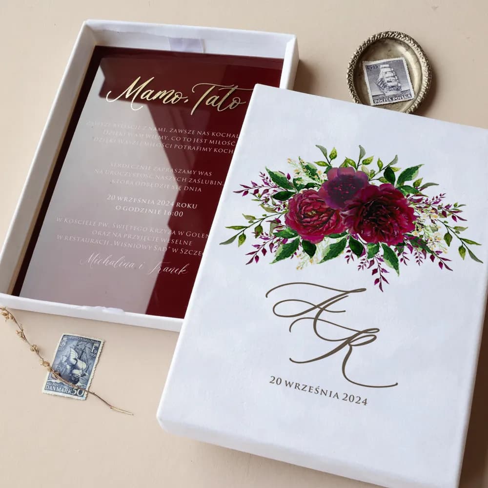 Invitaciones para Padres en Vidrio – Rubin n.º 3 con Flores Burdeos