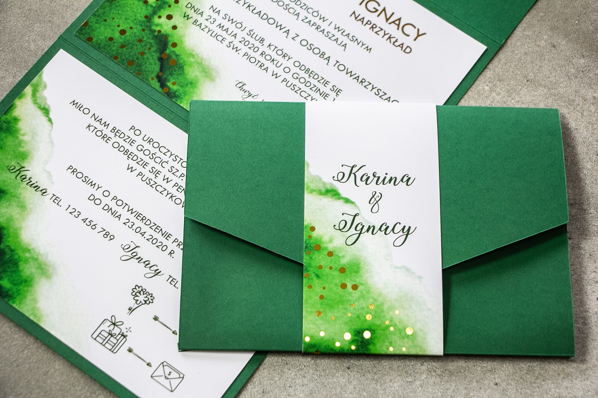 Invitaciones de boda glamour en verde botella con elegante dorado – Bakarto nº 4