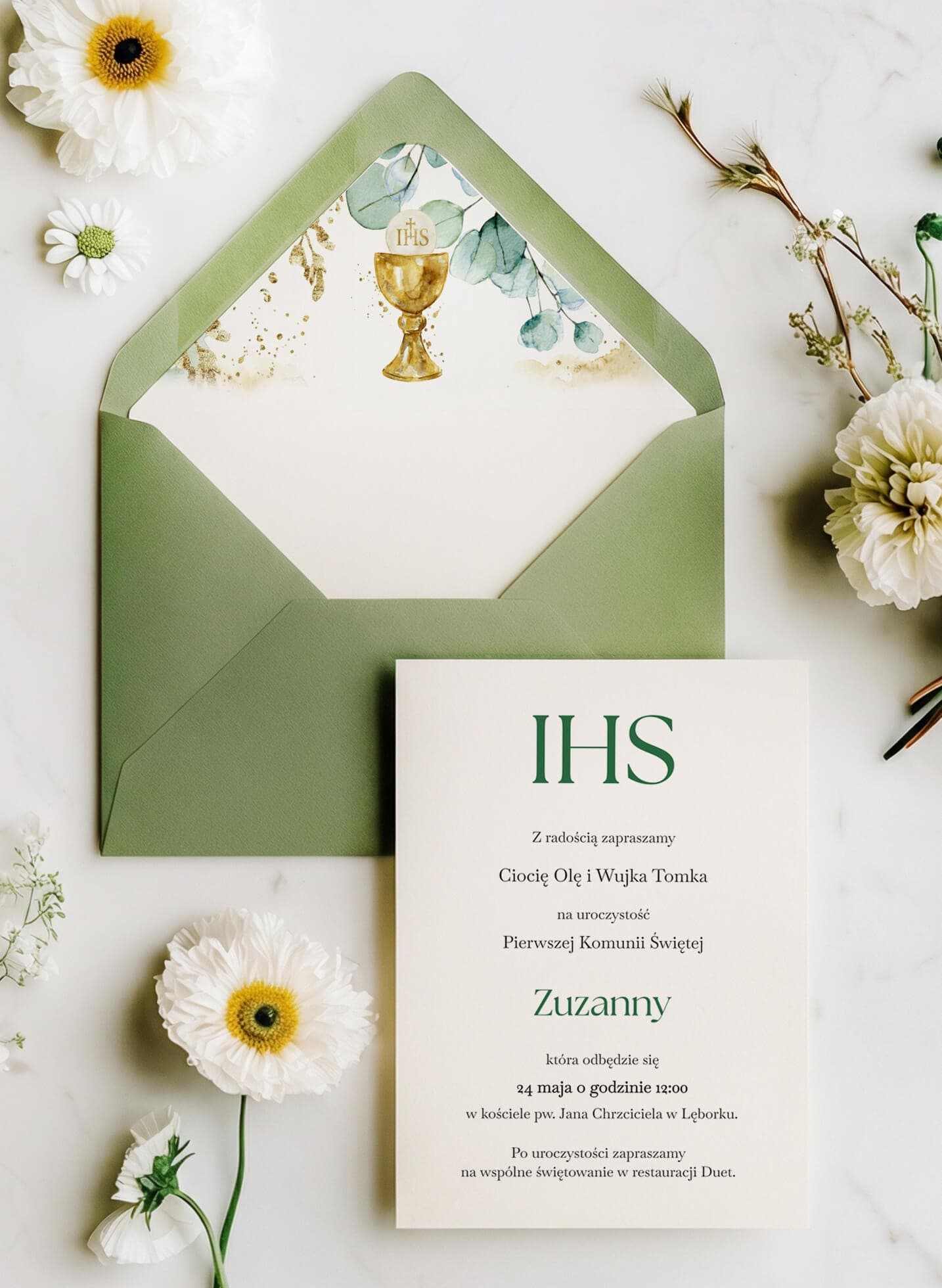 Invitation Communion Eucalyptus et IHS Invitations pour la Première Communion vertes avec eucalyptus et IHS – Lukrecja n° 6