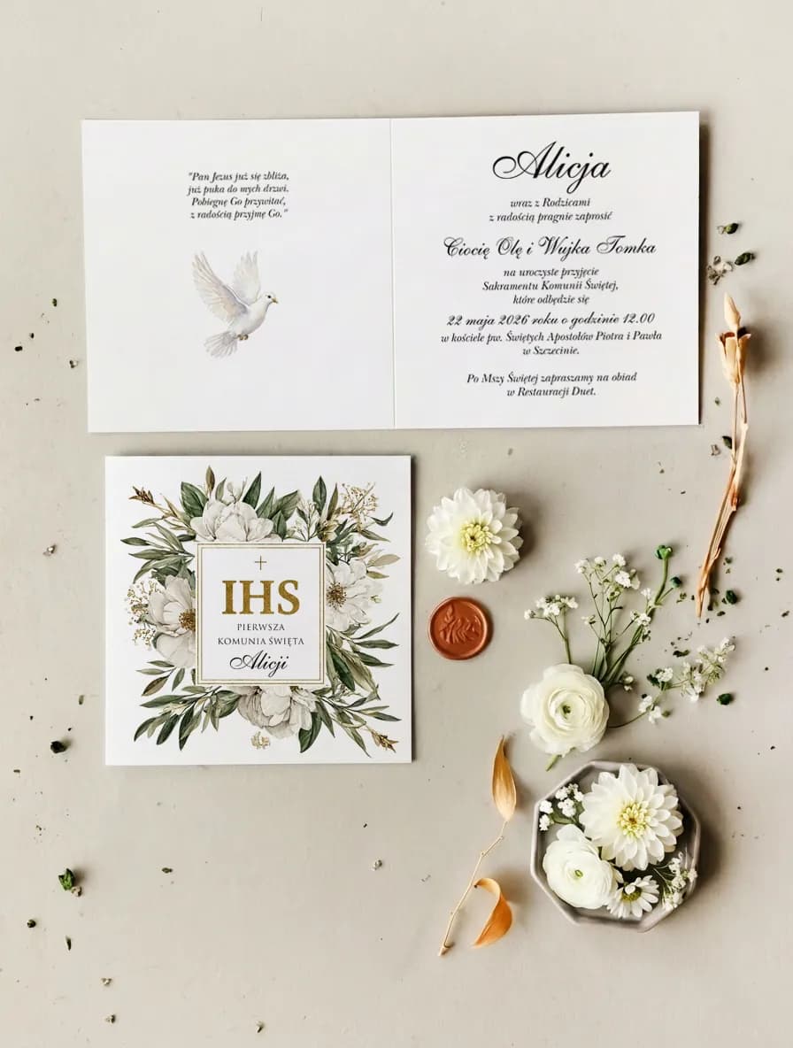 Invitation de communion Matylda n° 25 Invitations de communion élégantes avec fleurs blanches et symbole IHS