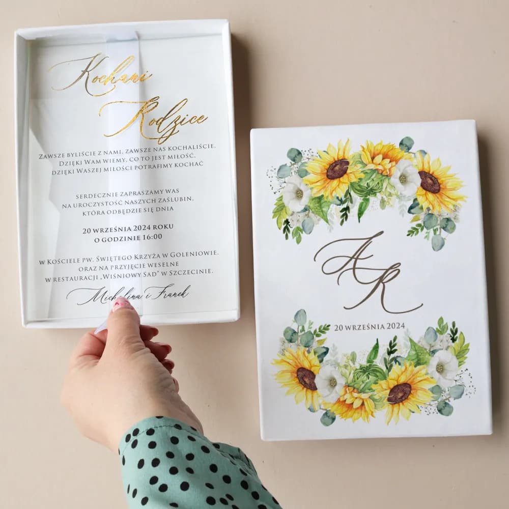 Remerciements pour les parents sur verre en boîte avec tournesols - Rubin n° 7 Invitations de mariage dorées sur verre Rubin n° 7 tournesols Amelia Wedding