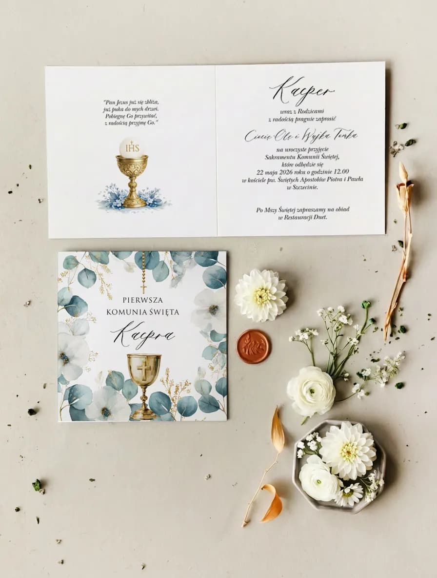 Invitation de communion Matylda n° 11 Invitation de communion botanique dans les tons vert et bleu