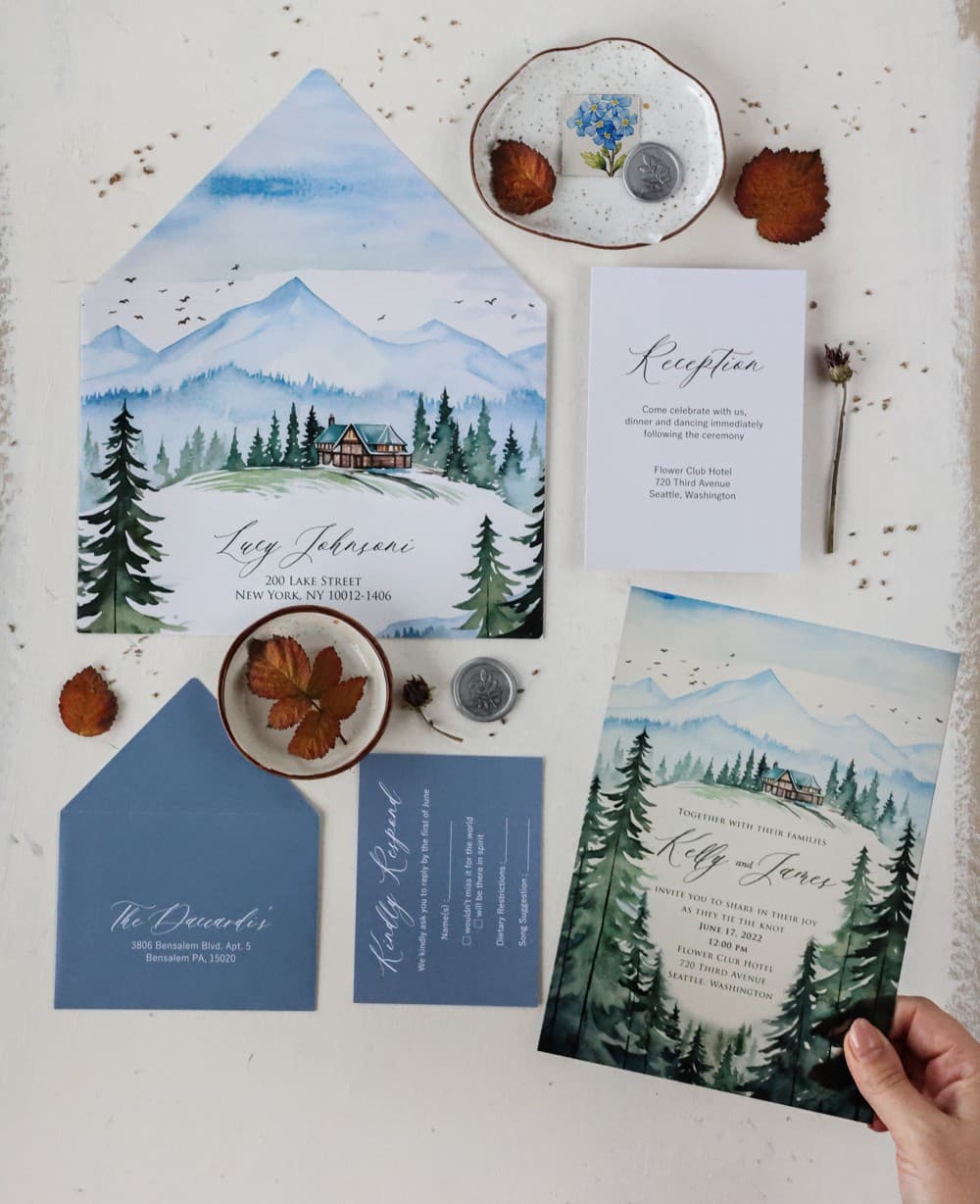 Inviti nuziali trasparenti con motivo baita montana - set con busta Inviti matrimoniali su vetro Korani n. 17 montagne invernali Amelia Wedding