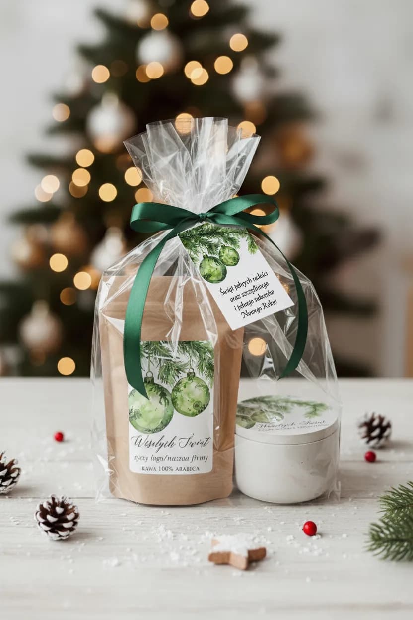 Kit natalizio con caffè e candela, decorato con etichetta di palline verdi, su sfondo di albero di Natale. Kit natalizio con caffè e candela, decorato con etichetta di palline verdi, su sfondo di albero di Natale.