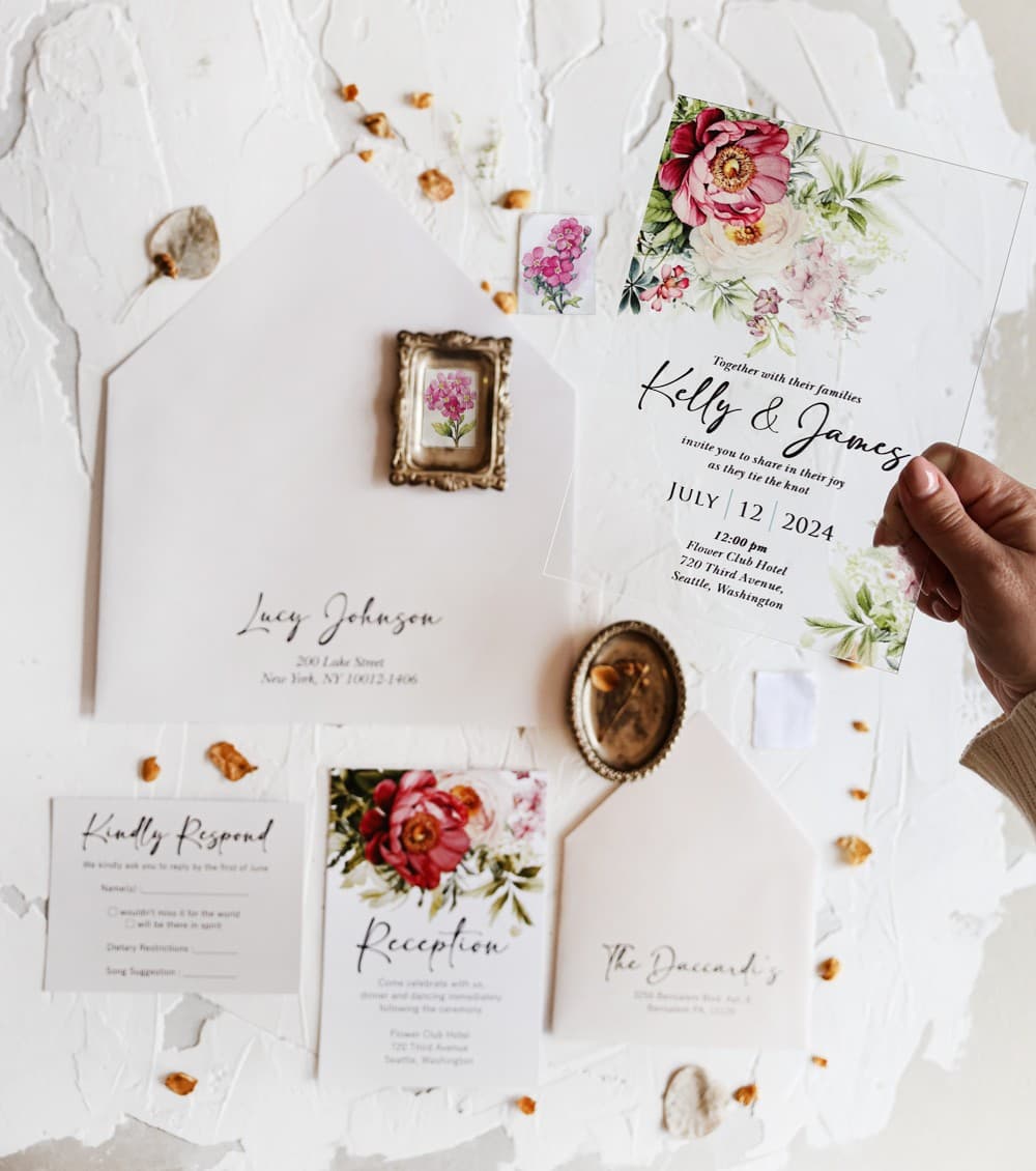 Transparentne zaproszenie ślubne z motywem kwiatowym Korani nr 18 Elegant Glass Wedding Invitations with Rich Floral Peony Graphics | Korani No. 18 Glamour Stationery