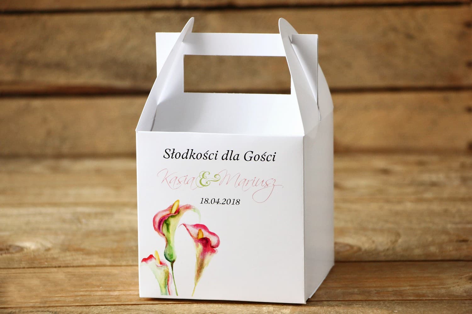 Kuchenbox zur Hochzeit mit Griff und Personalisierung | Gastgeschenke | Malowane Kwiaty Nr. 25