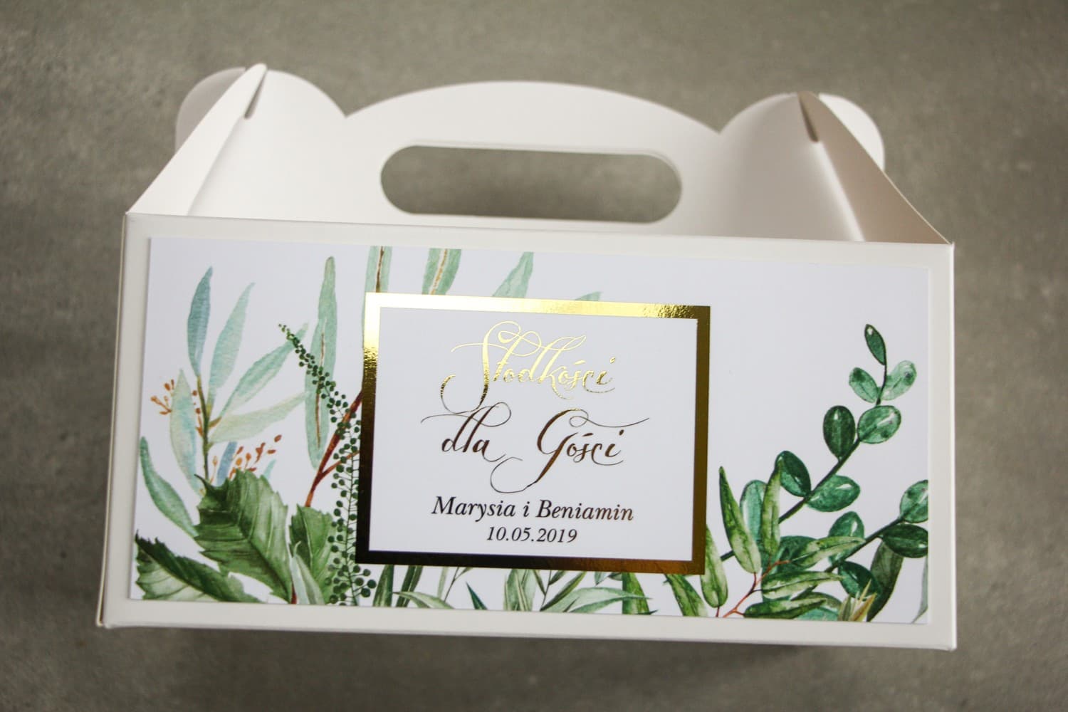 Kuchenkarton Hochzeit Goldprägung Botanisch mit Personalisierung | Flores Nr. 3