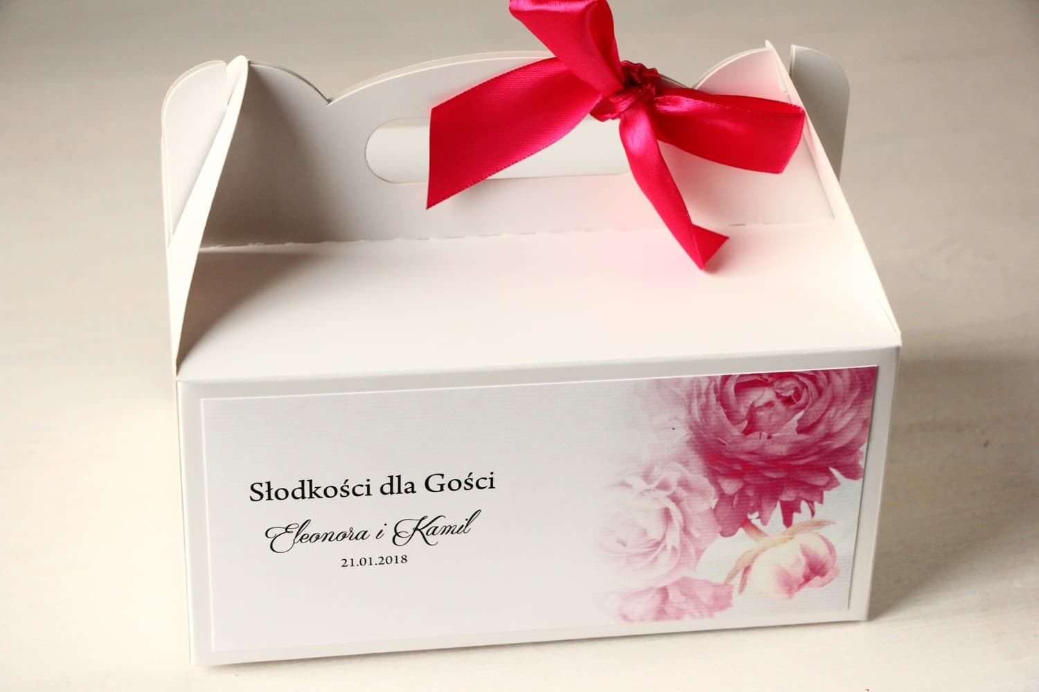 Kuchenbox für die Hochzeit Rosa Pfingstrosen | Gastgeschenk-Verpackung personalisiert | Magnet Nr. 16