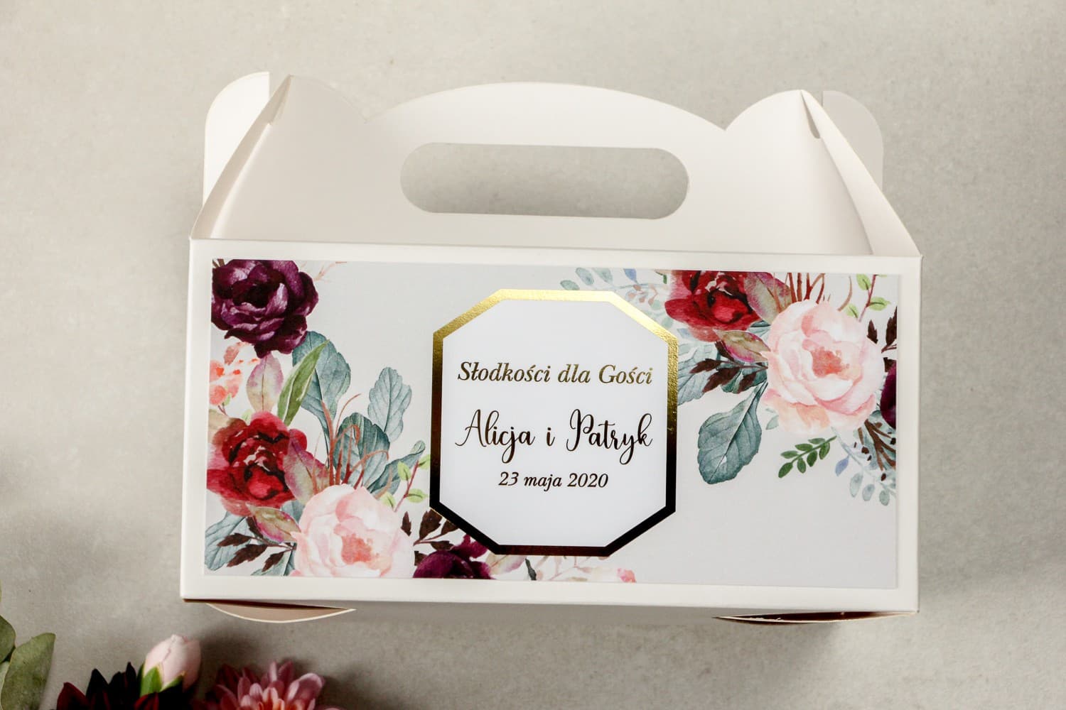 Elegante Kuchenbox mit Blumen & Goldrahmen | Personalisierte Gastgeschenke | Kollektion Lotus Nr. 5
