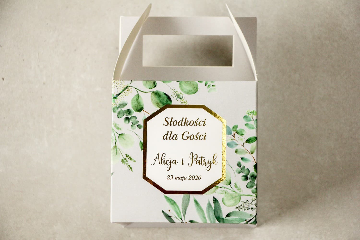 Vergoldete Kuchenschachtel zur Hochzeit mit Eukalyptus | Gastgeschenke | Kollektion Lotus Nr. 3