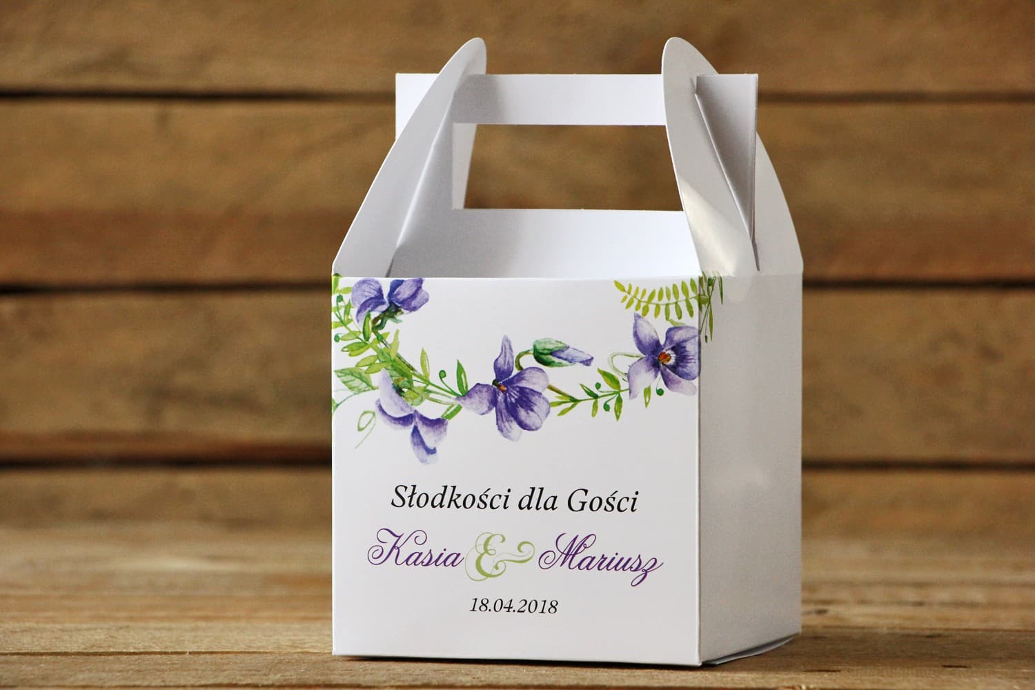 Personalisierte Kuchenbox mit Griff, violette Blumen | Hochzeitsverpackung | Malowane Kwiaty Nr. 11