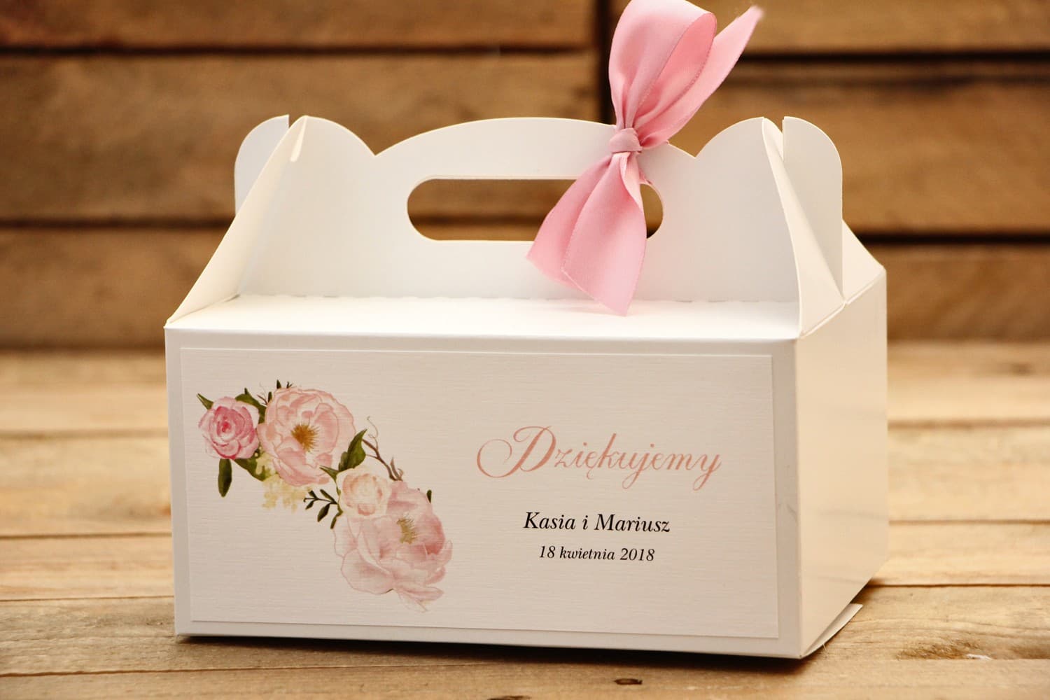 Kuchenschachtel zur Hochzeit mit Griff, Pfingstrosen | Gastgeschenke | Malowane Kwiaty Nr. 12