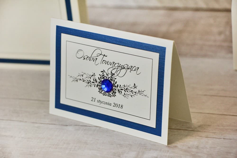 Lace Wedding Place Cards No. 2 – Table Cards with Blue Border and Cubic Zirconia