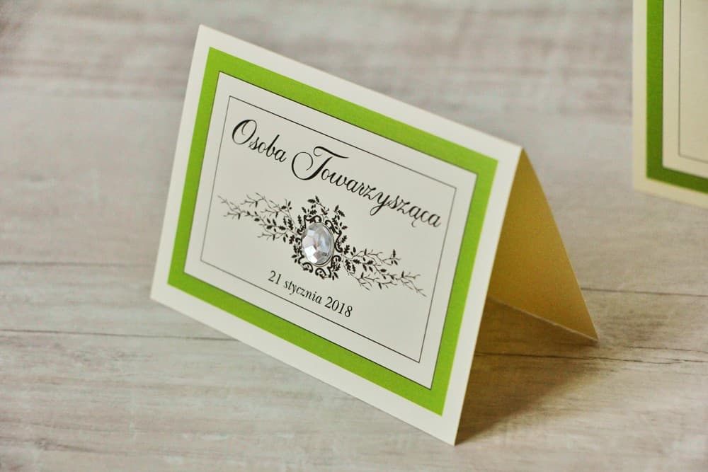 Lace Wedding Place Cards No. 6 – Table Name Cards with Green Border and Cubic Zirconia