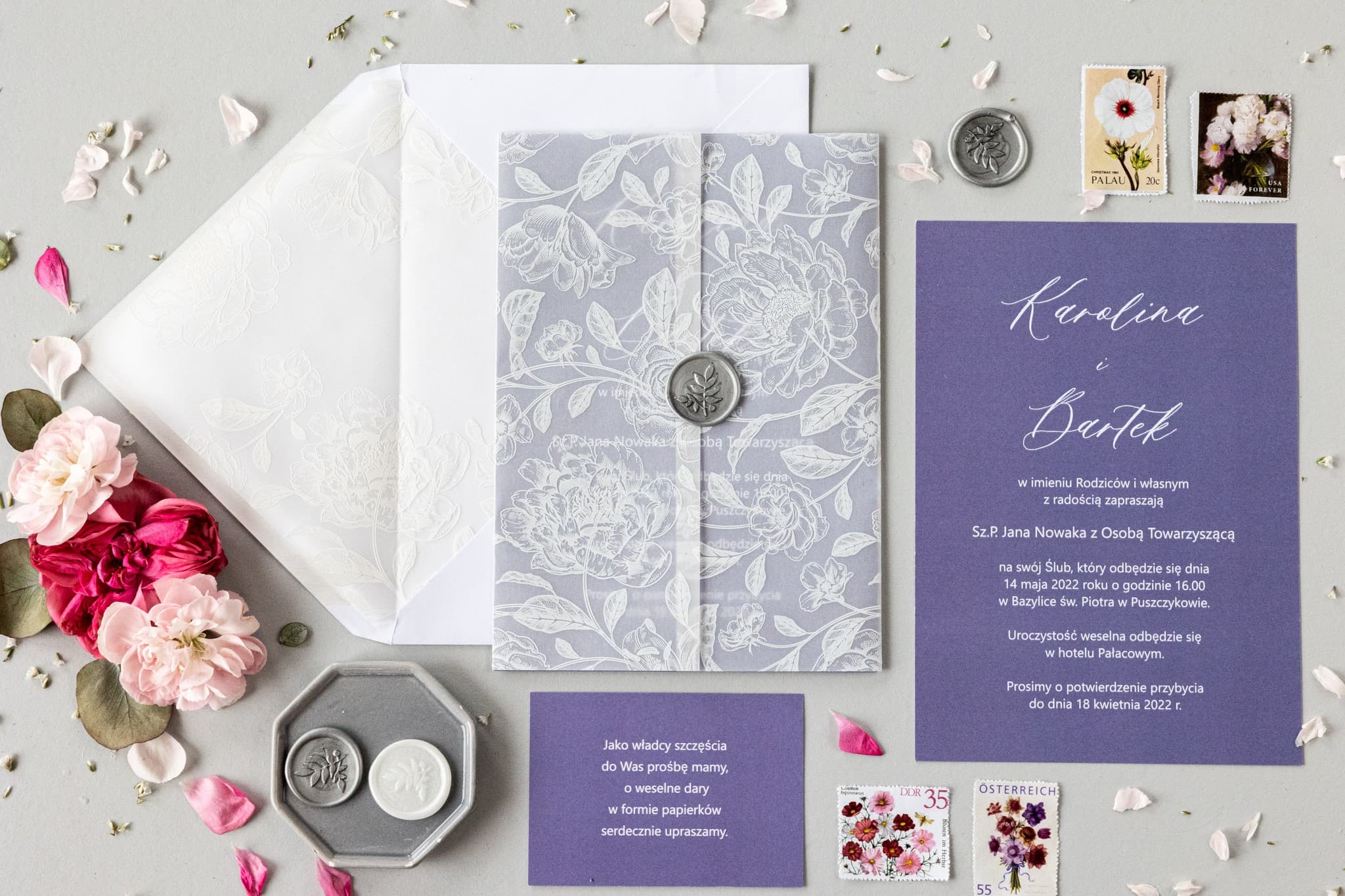 Lavender Wedding Invitations with Vellum and White Peony Motif – Nefryt No. 3