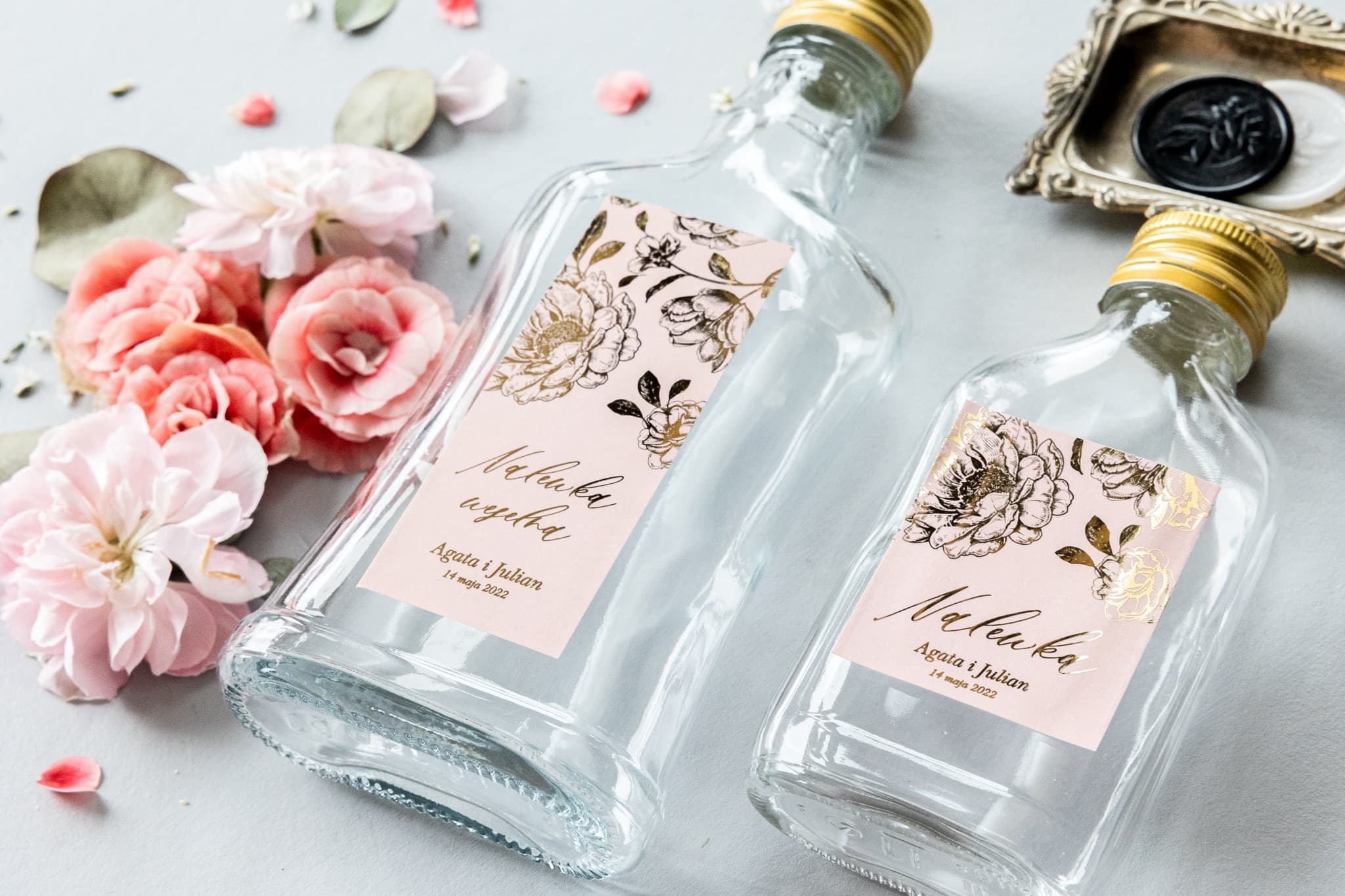 Glass Liqueur Bottles with Peonies and Gold Foil | Wedding Favours | Onyx No. 1