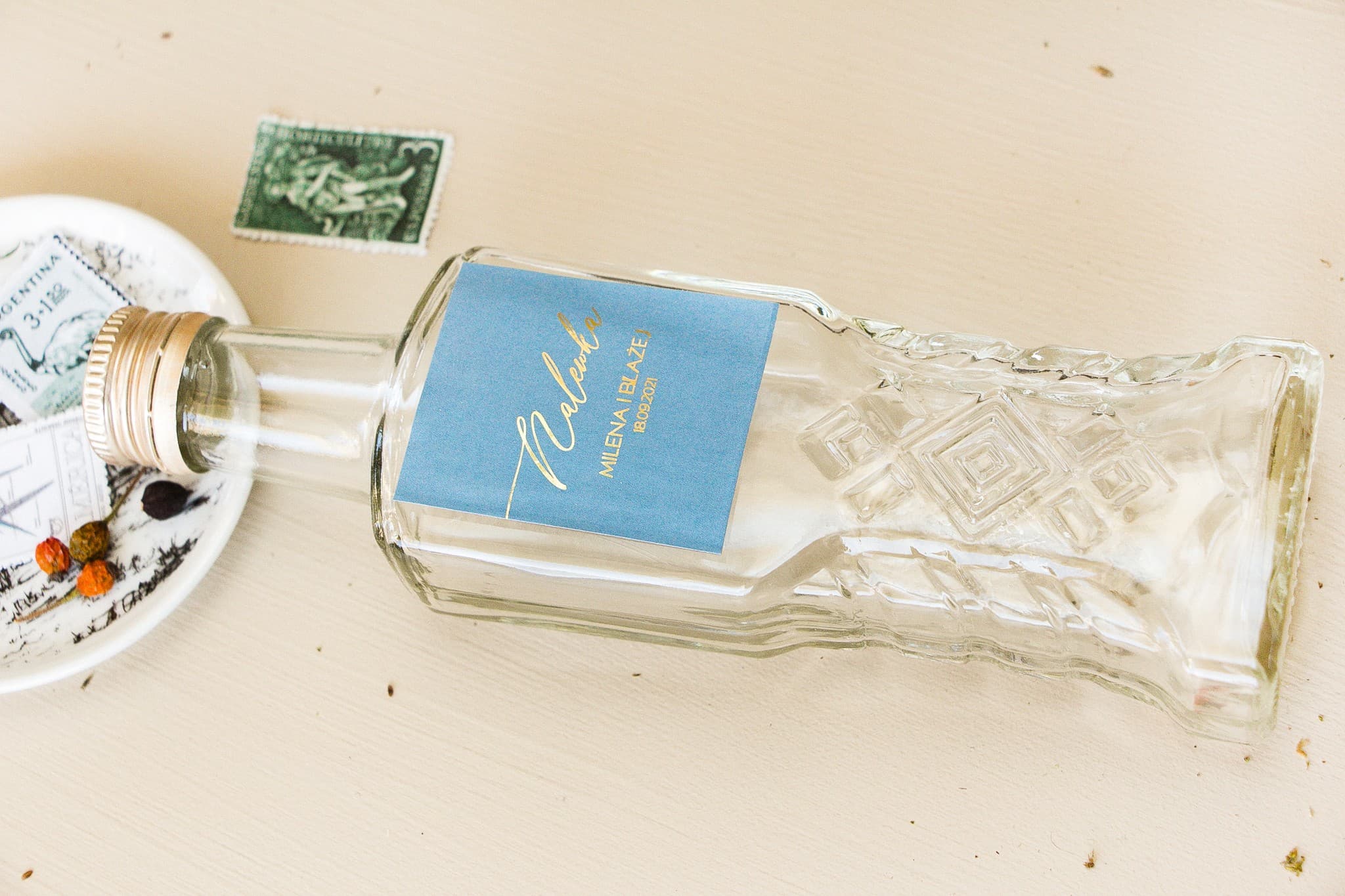 Wedding Favours Liqueur Bottles in Dusty Blue with Gold Foil Sand No. 1