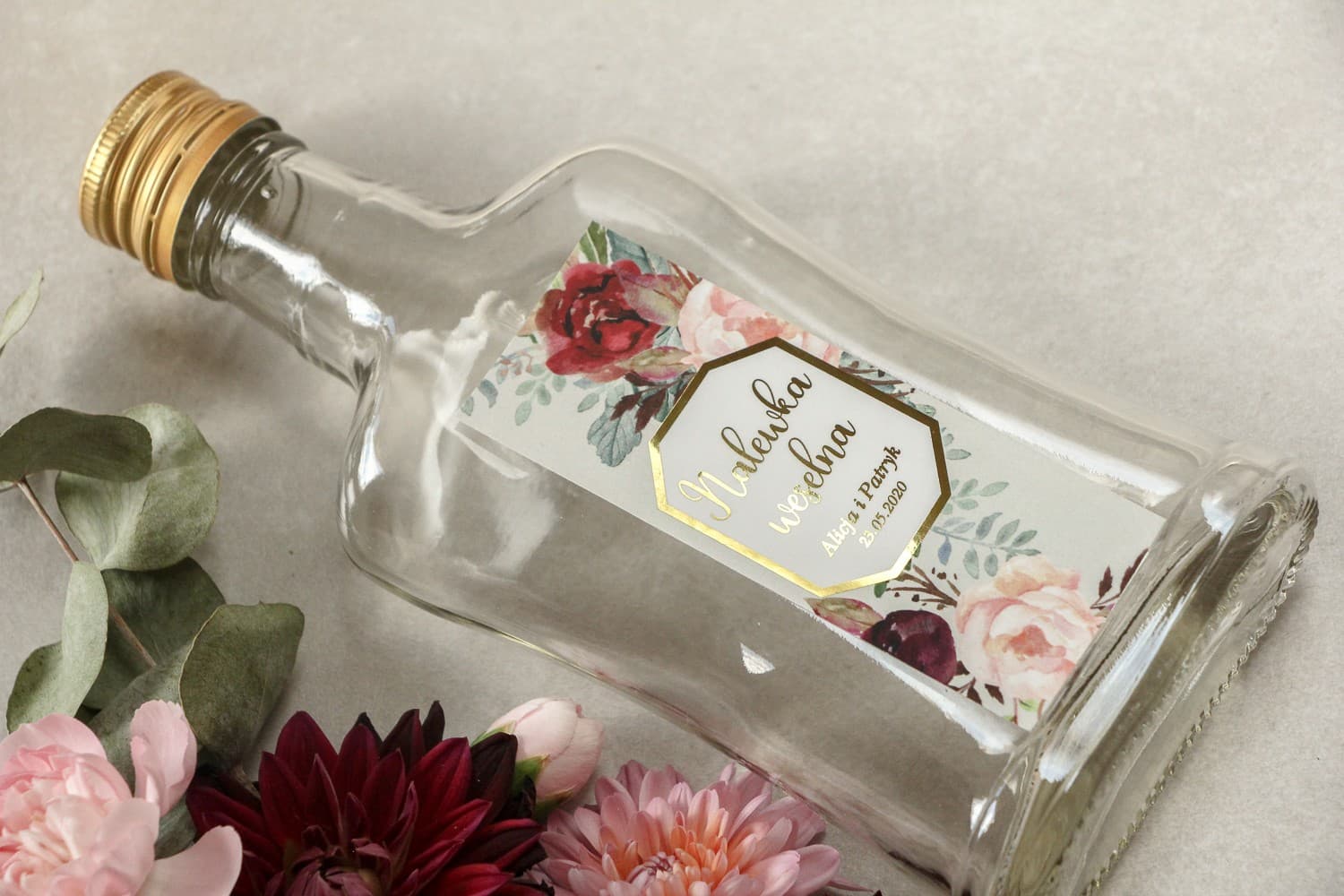 Wedding Liqueur Bottles with Gold Label and Burgundy Flowers | Wedding Favours | Lotus No. 5