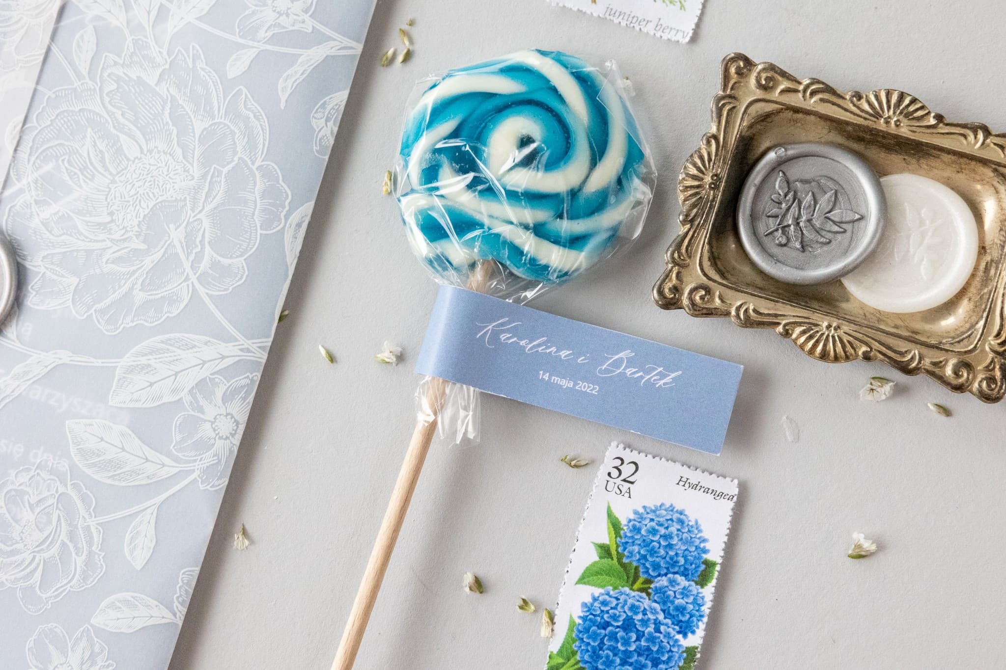 Personalisierte Lutscher Dusty Blue Hochzeit | Gastgeschenke, Süße Präsente | Kollektion Nefryt Nr. 2