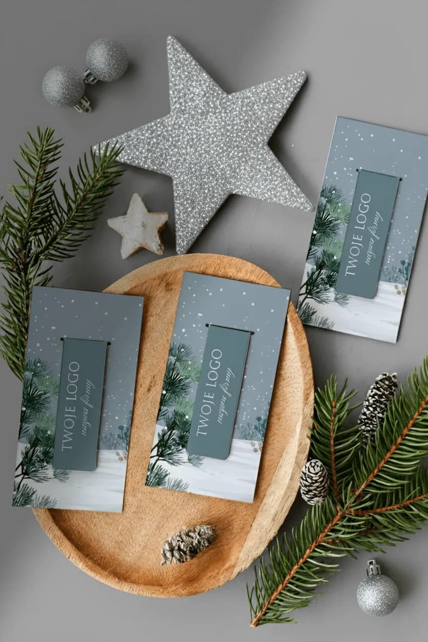 Festive composition with personalized magnetic bookmarks featuring a company logo against fir branches and silver ornaments.