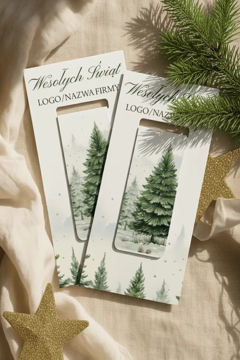 Close-up of watercolor snowy pine trees on a corporate magnetic bookmark, designed as a gift for clients.