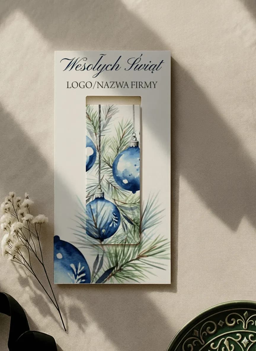 Corporate Christmas gift - magnetic bookmark with pine branch motif and personalized packaging.
